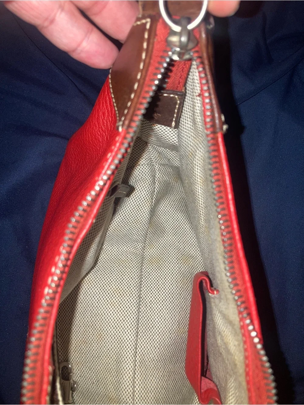 Dooney & Bourke Red Leather Shoulder Bag with Brown Trim